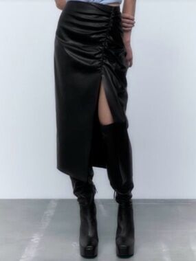 ZARA Black Faux Leather Ruched Midi Skirt